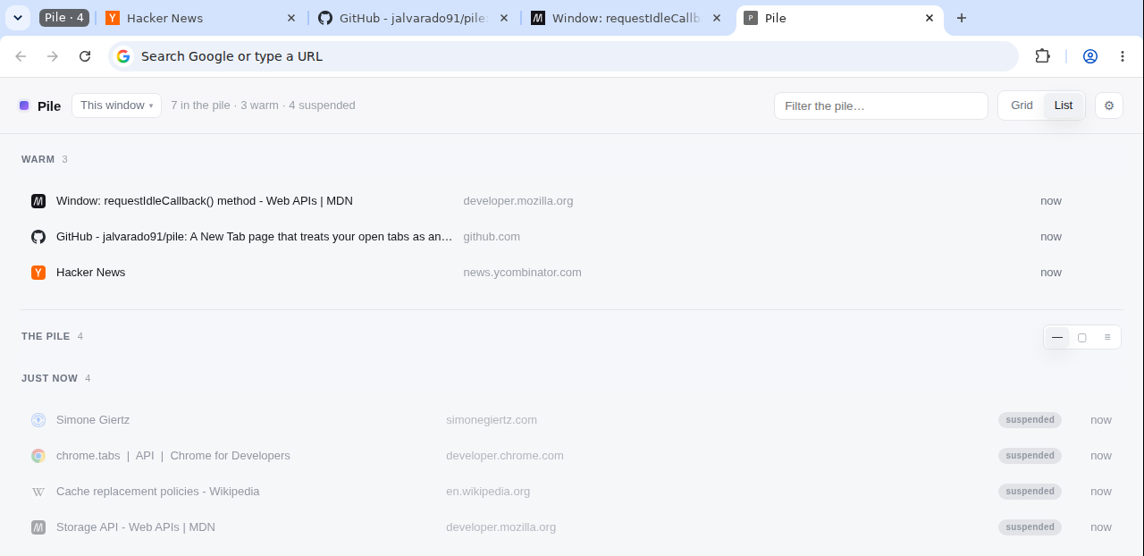 The same window after opening an MDN page. It sits at the top of the warm list, Simone Giertz has moved into THE PILE with a suspended badge, and the strip group now reads Pile · 4.